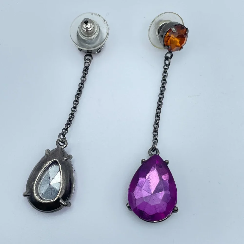 Vintage Gunmetal-Tone Prong Faceted Glass Purple Teardrop Beads Dangle Earrings